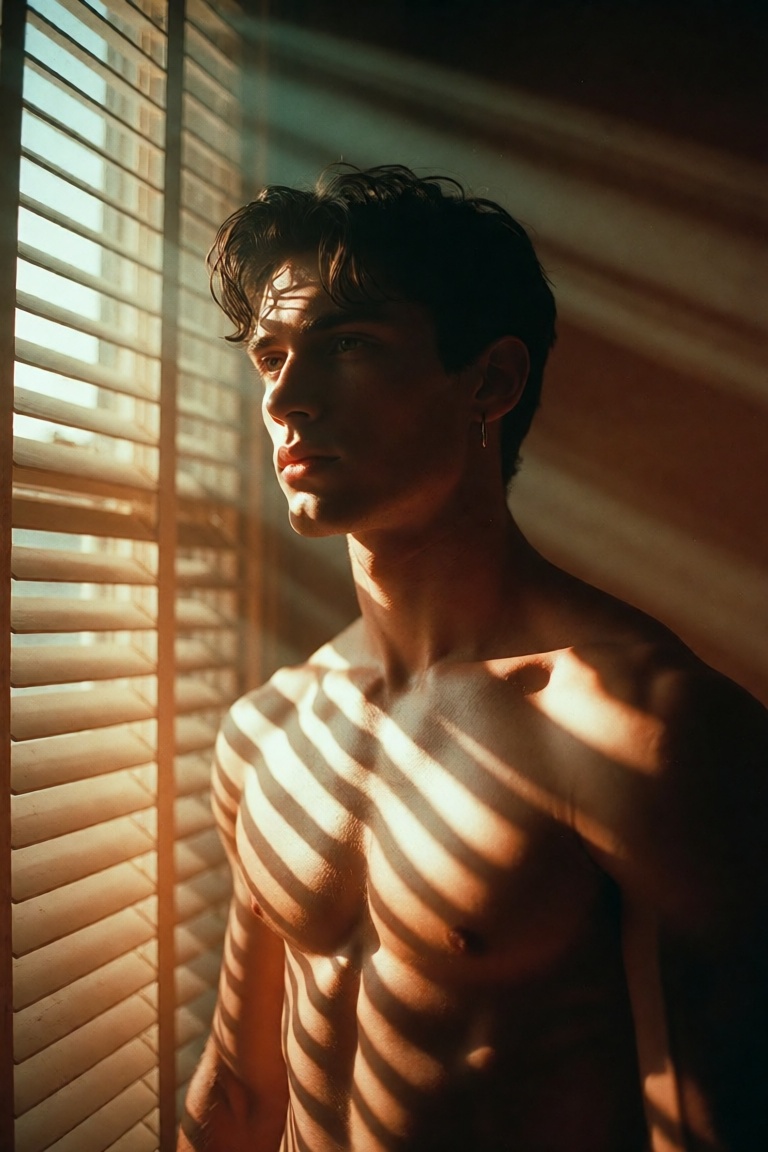 A striking young man stands in quiet contemplation beside a tall window,  his bare torso sculpted by the rhythmic stripes...