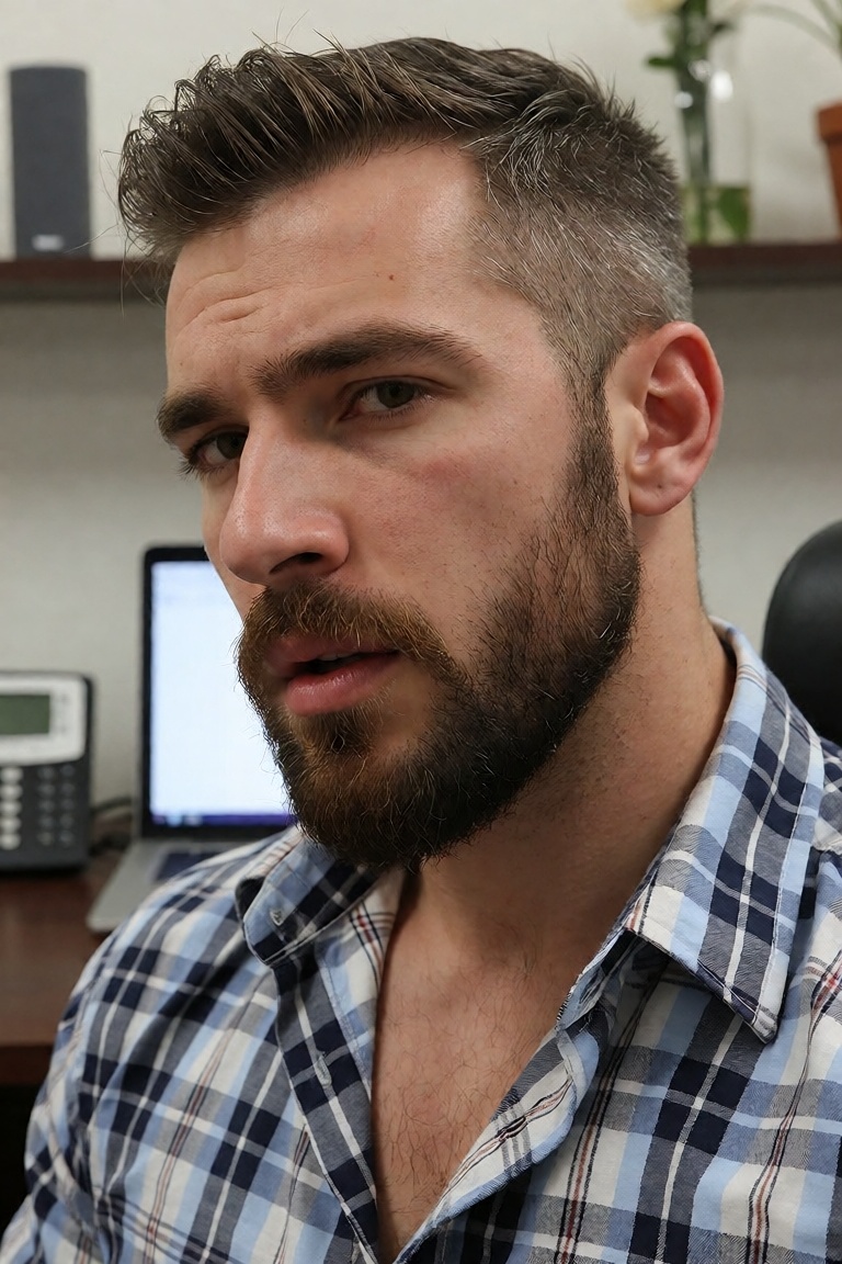 A striking close-up portrait of a ruggedly handsome man with salt-and-pepper hair—thick,  neatly styled with subtle textur...