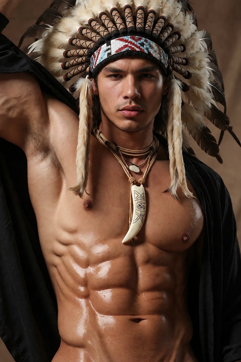 A striking,  hyper-realistic portrait of a young Indigenous man,  his chiseled torso glistening with soft on Tensor.Art