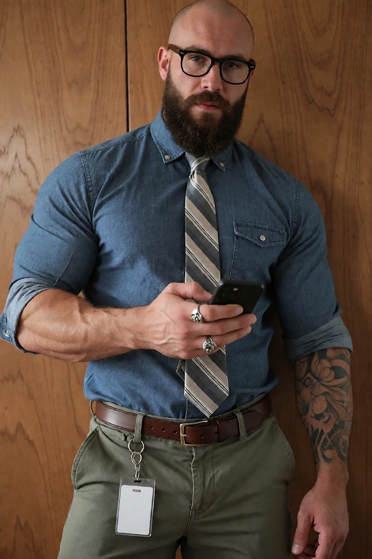 A commanding,  bald man with a thick,  luxuriant beard of deep chestnut and charcoal tones stands in quiet confidence befo...
