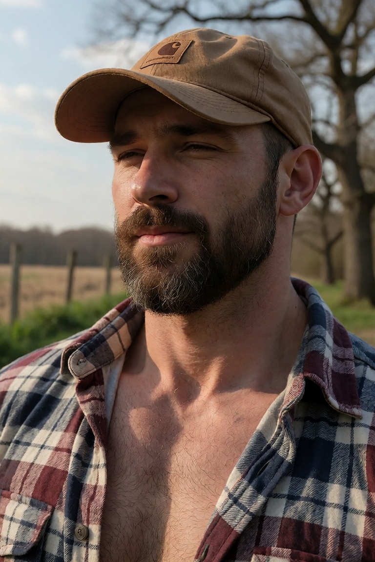 A ruggedly handsome man in his late forties stands bathed in golden-hour sunlight,  his face a tapestry of quiet strength...