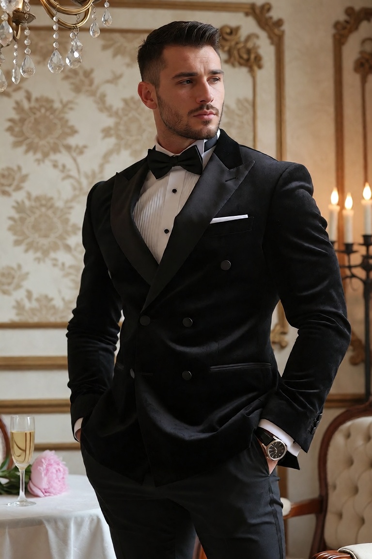 A confident,  well-groomed man in his early to mid-thirties stands in a poised,  slightly angled stance with both hands ca...