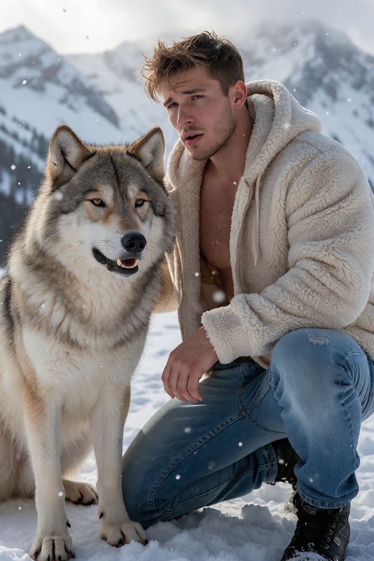 A striking young man with sun-kissed,  tousled blond hair and piercing cerulean eyes kneels in a pristine alpine expanse,...