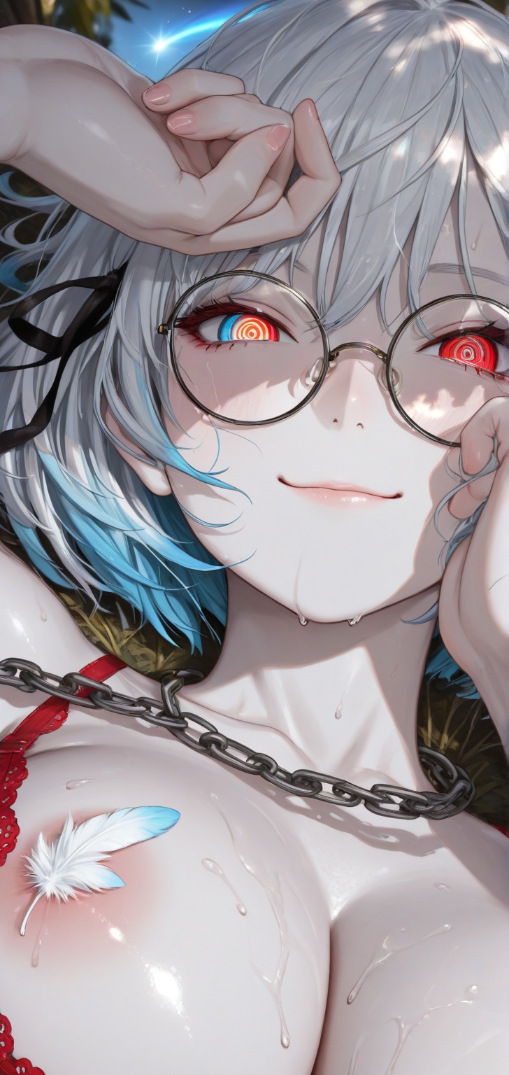 A close-up of a 1girl with silver,  messy hair and heterochromia,  multicolored eyes with vibrant irises and an intense ga...