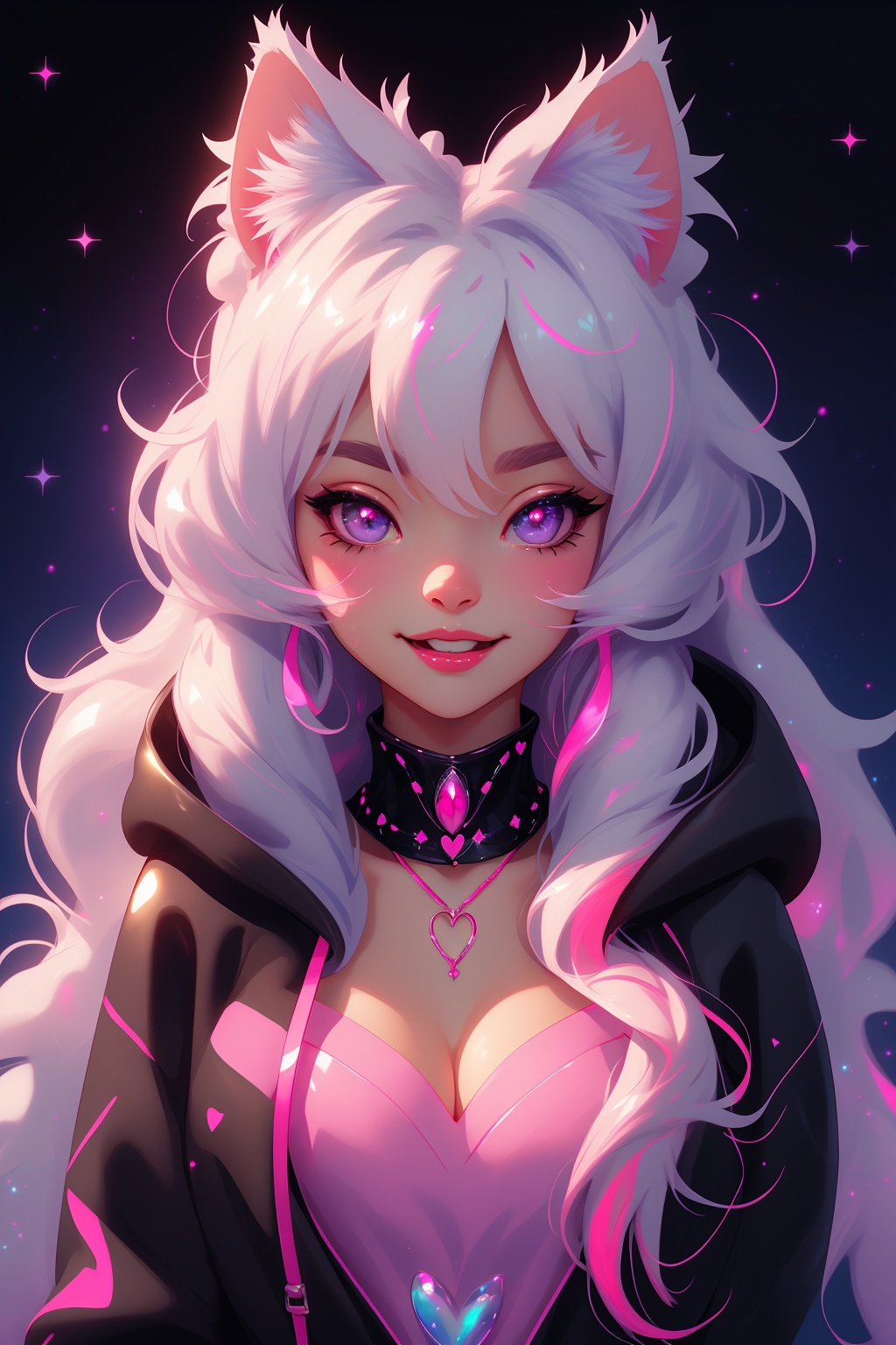 Beautiful anime catgirl VTuber portrait,  silver white long twintails with rainbow pastel streaks,  fluffy perky cat ears...