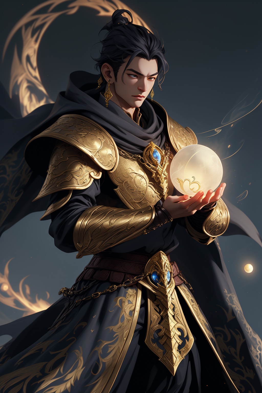 Niji Style,  an anime style character standing in front of a glowing ball of light,  in the style of Edgar Maxence on Tens...