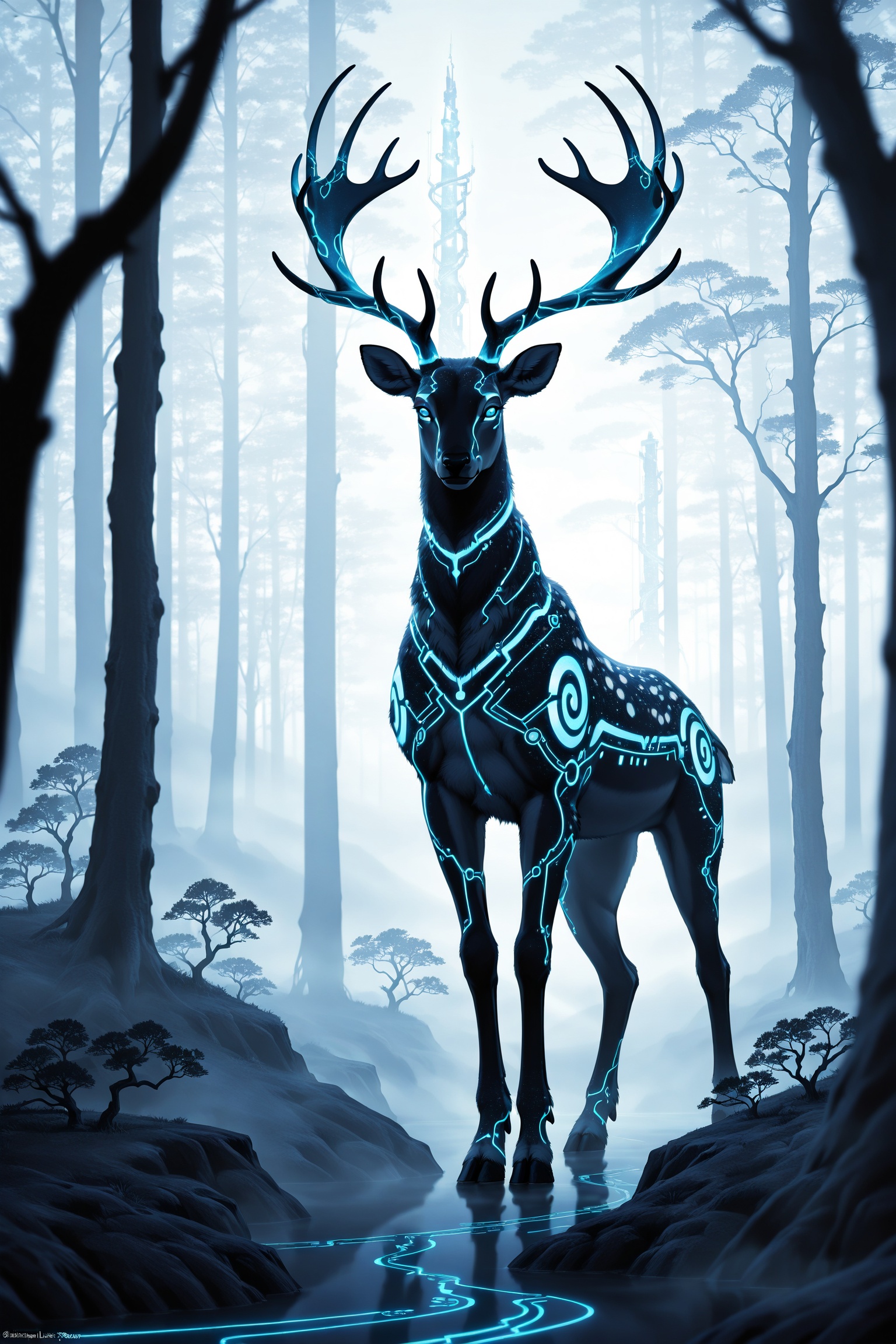 Cinematic ultra-realistic 8k portrait: majestic deer centered mid-frame,  standing still amid an ancient forest,  head rai...