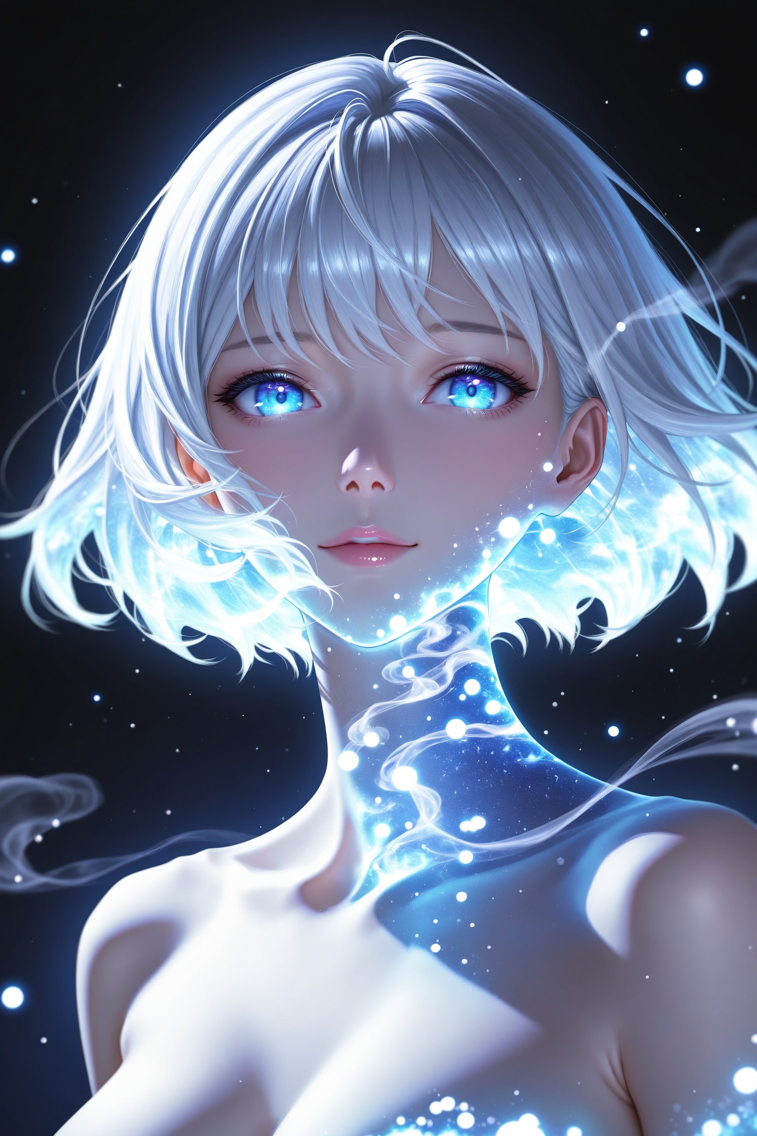 Cinematic portrait of a beautiful woman with silver hair and glowing blue eyes,  centered in frame,  facing slightly off-c...