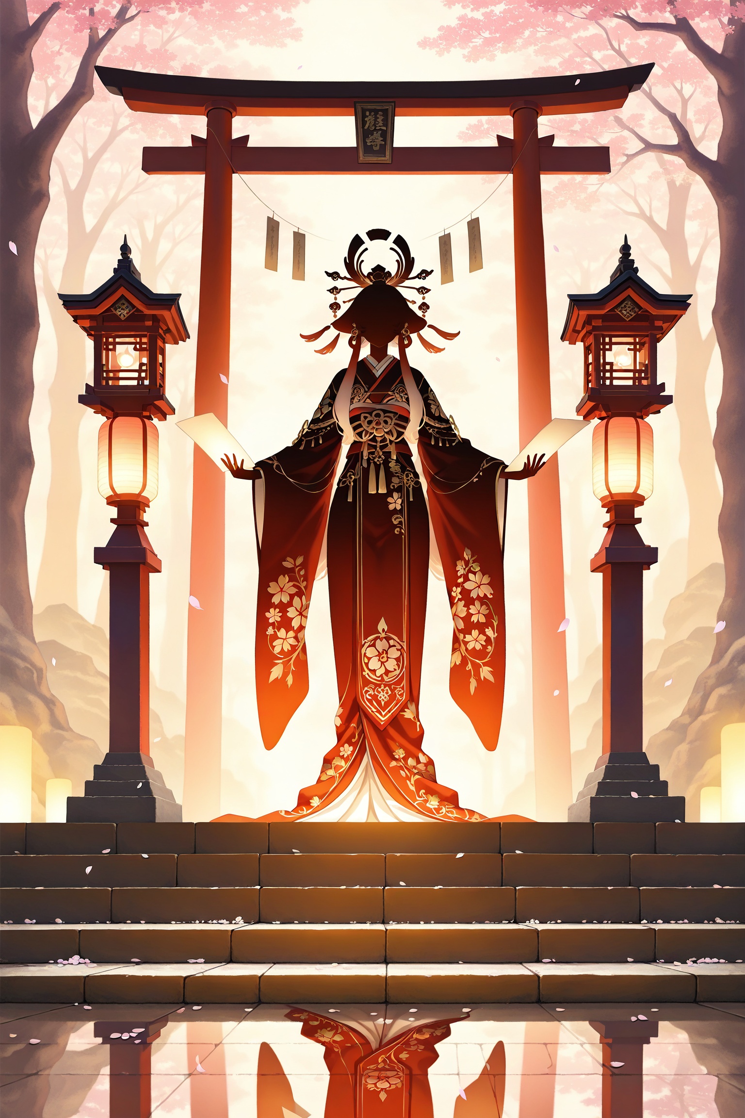 Masterpiece,  best quality anime illustration: fox shrine maiden centered in balanced composition,  mirage split and doubl...
