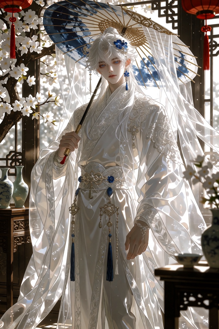 1 boy,  solo,  (blue eye) (white hair) thin lips on Tensor.Art