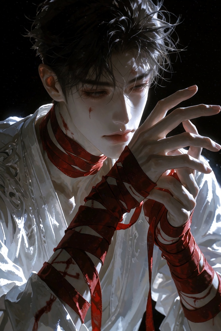 病娇感男性厚涂CG笔触细腻​- 人物特征：美貌男性,  脸部、手臂有伤口与绷带,  营造病娇破碎感 on Tensor.Art