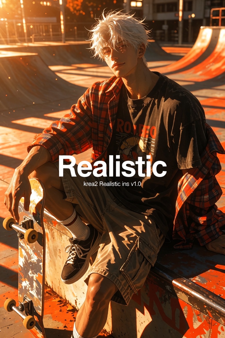 Masculine text in the center: "Realistic". Smaller text "krea2 Realistic ins v1.0" below it. In the KreaJi-style,  a young...