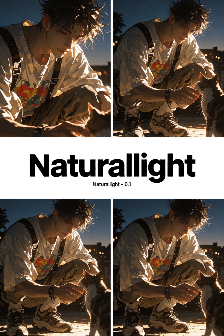 Masculine text in the center: "Naturallight". Smaller text "Naturallight - 0.1" Handsome man with messy hair,  fair skin,...
