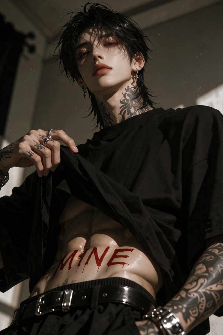 A striking handsome young man with sharp delicate features and a defined jawline poses in a sensual high-fashion editorial...