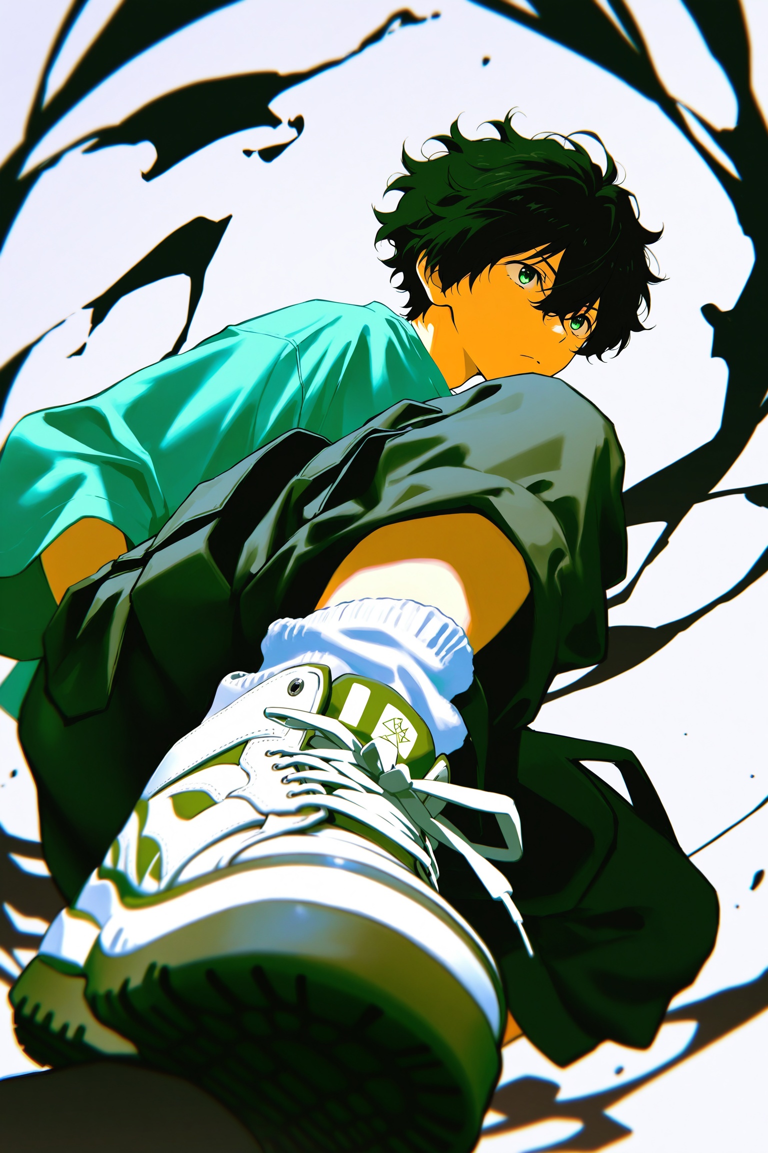 1boy Oreki Houtarou (Hyōka),  emerald green eyes,  fluffy messy dark brown naturally wavy hair blowing and scattering upwa...