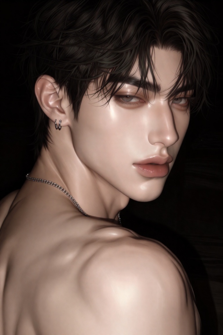 Close-up portrait of a shirtless young East Asian man with tousled dark hair,  a neutral expression looking over his shoul...
