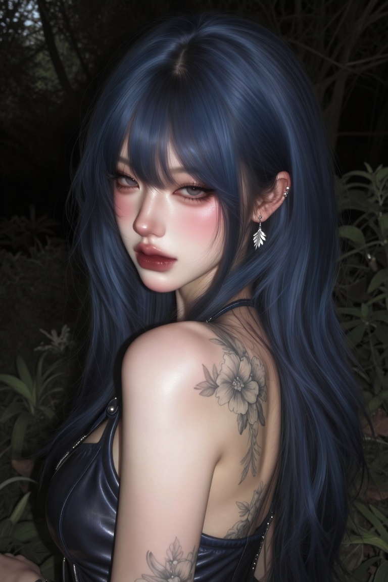 A young woman with She has voluminous,  deep blue hair with a clean center part with soft face-framing strands. She's look...