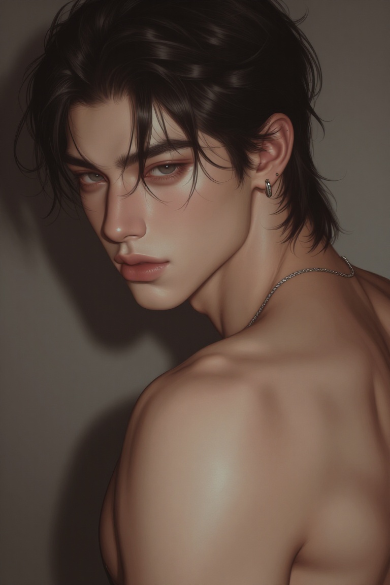 Waist-up portrait of a shirtless full body tattooed young East Asian man with tousled dark hair,  a neutral expression loo...