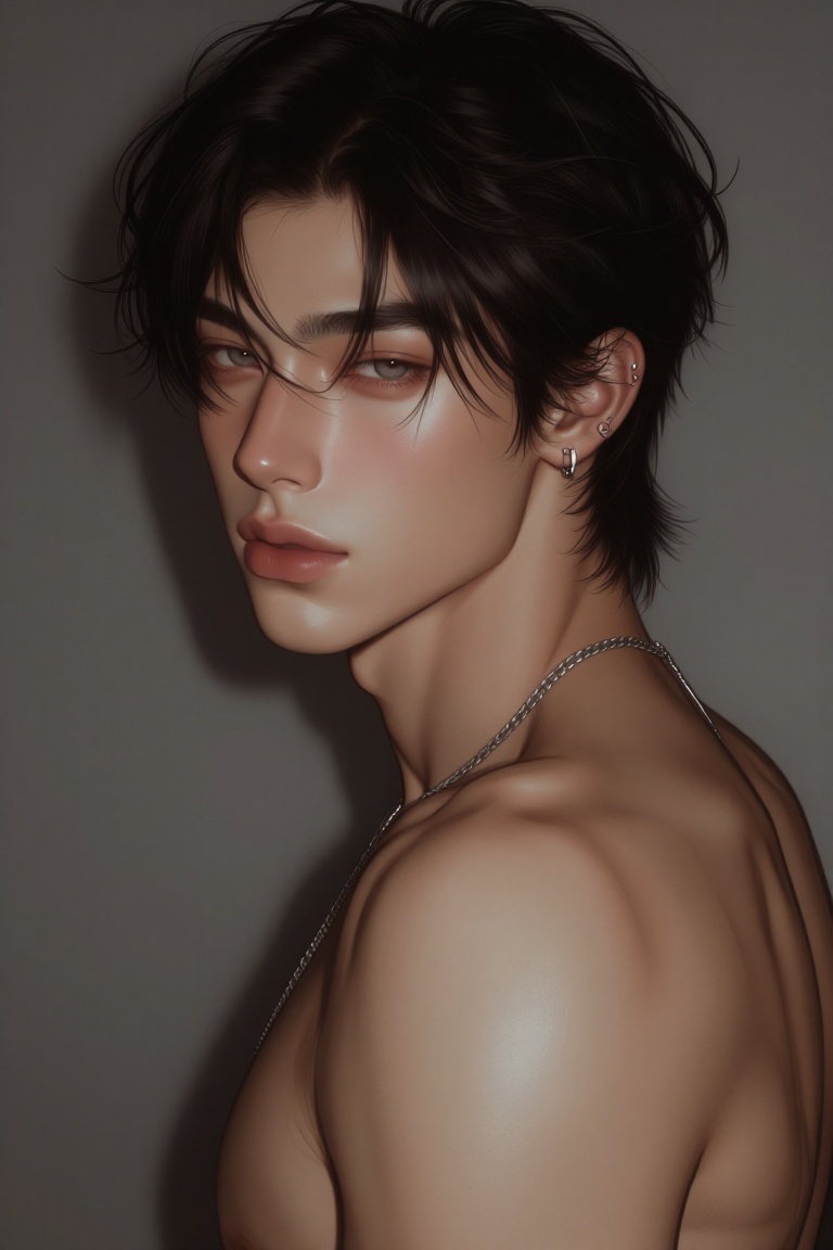 Waist-up portrait of a shirtless full body tattooed young East Asian man with tousled dark hair,  a neutral expression loo...