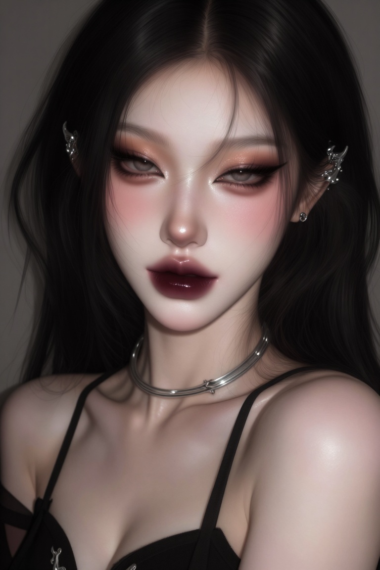 A close-up portrait of a young East Asian woman with striking makeup,  styled in a dark,  avant-garde aesthetic. Her monol...
