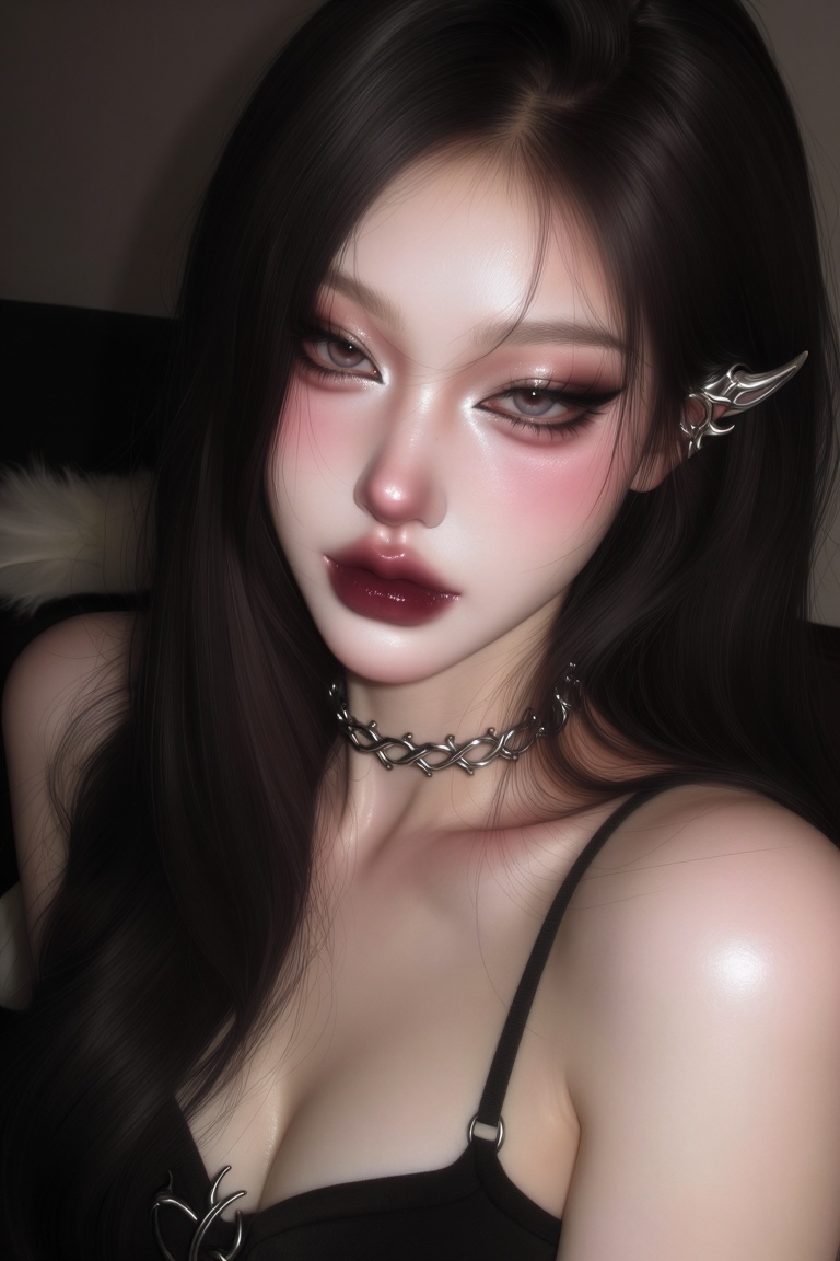 A close-up portrait of a young East Asian woman with striking makeup,  styled in a dark,  avant-garde aesthetic. Her monol...