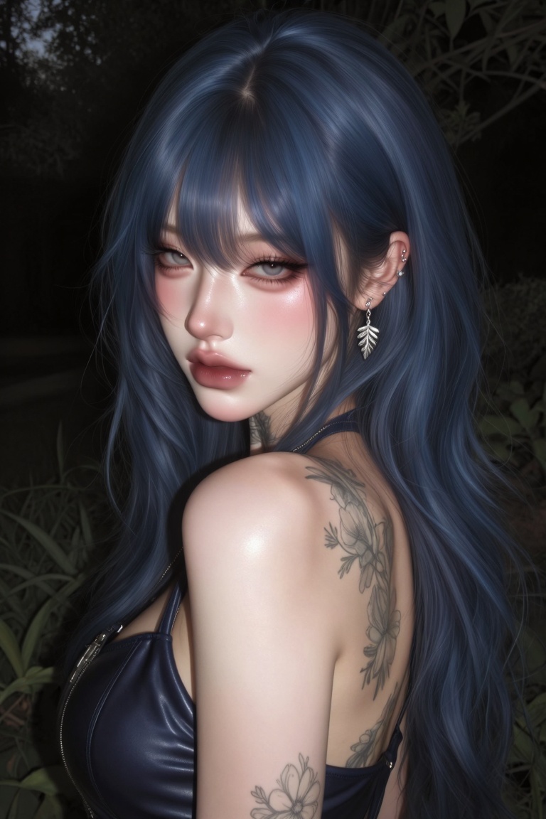 A young woman with She has voluminous,  deep blue hair with a clean center part with soft face-framing strands. She's look...