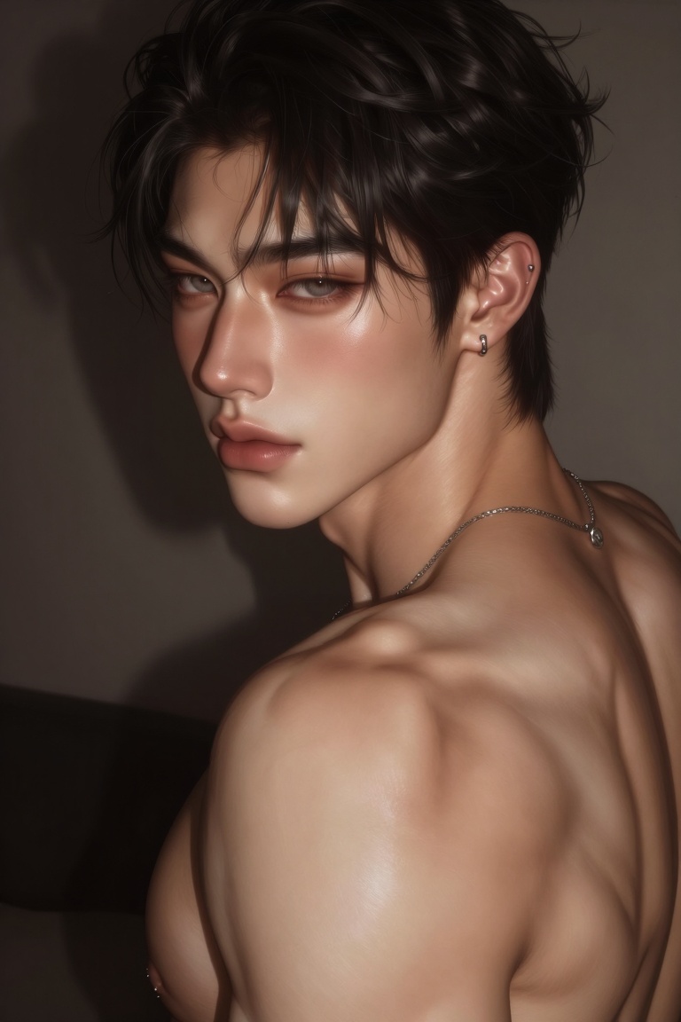 Waist-up portrait of a shirtless full body tattooed young East Asian man with tousled dark hair,  a neutral expression loo...