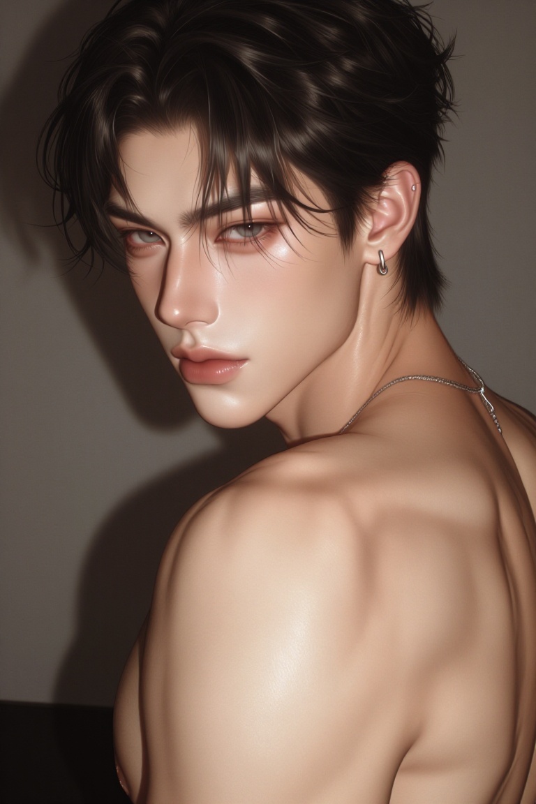 Waist-up portrait of a shirtless full body tattooed young East Asian man with tousled dark hair,  a neutral expression loo...