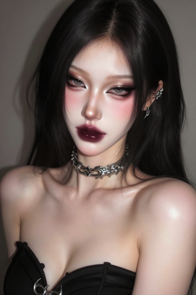 A close-up portrait of a young East Asian woman with striking makeup,  styled in a dark,  avant-garde aesthetic. Her monol...