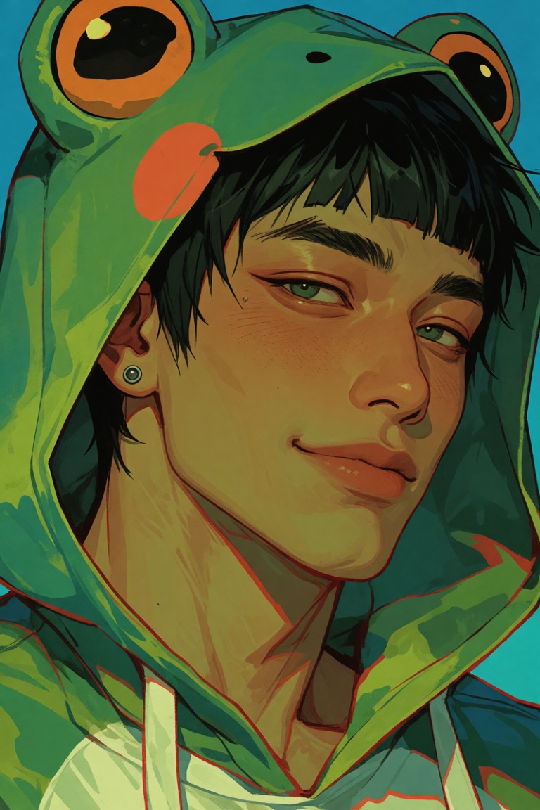 Create an elegant Asian male looking at the viewer with a subtle blush and a warm smile,  side view. He has short hair wit...