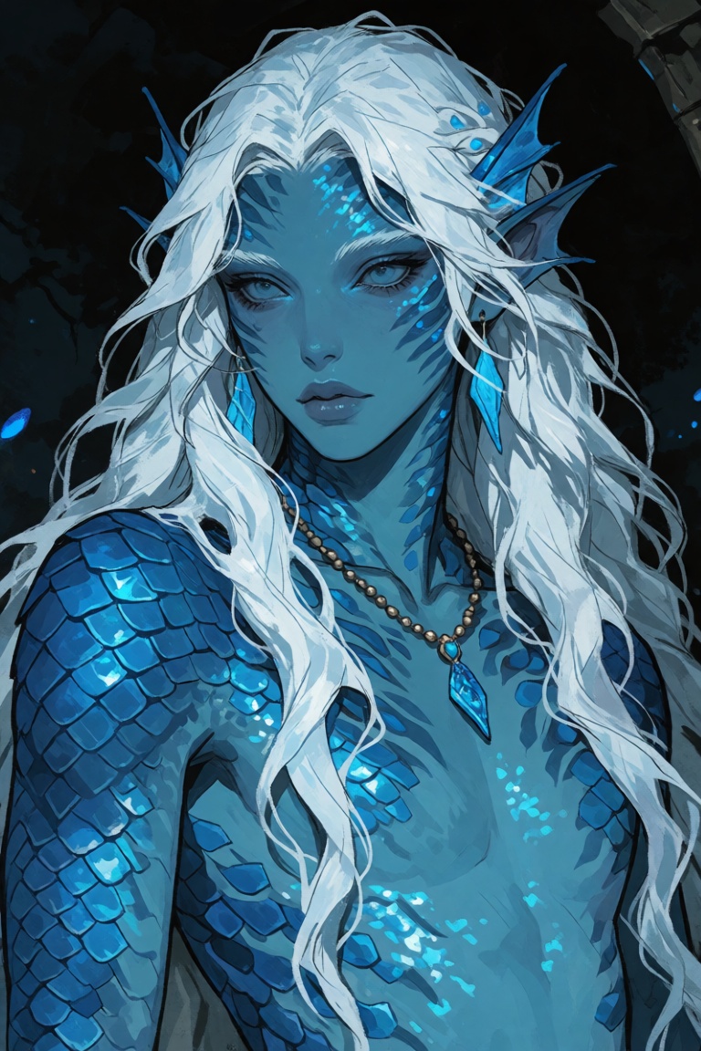 The image depicts a fantastical character with long,  flowing white hair and striking blue skin. The character's body is a...