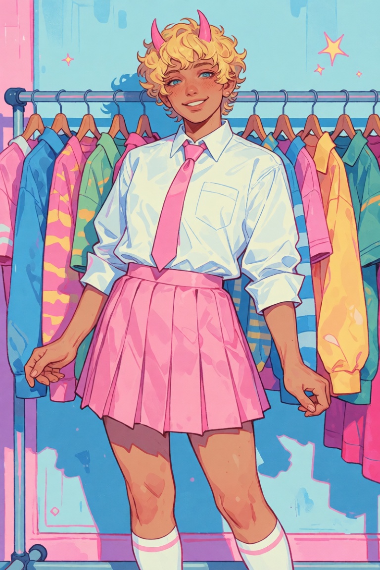 The image depicts a person with short,  curly blonde hair and pink horns,  wearing a white shirt with a pink tie and a pin...