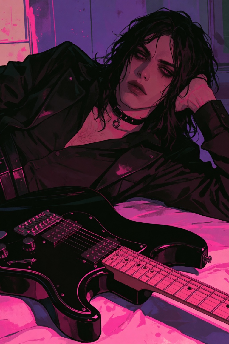 The image depicts a male with long,  dark hair lying down,  wearing a black outfit. The individual has a dramatic expressi...