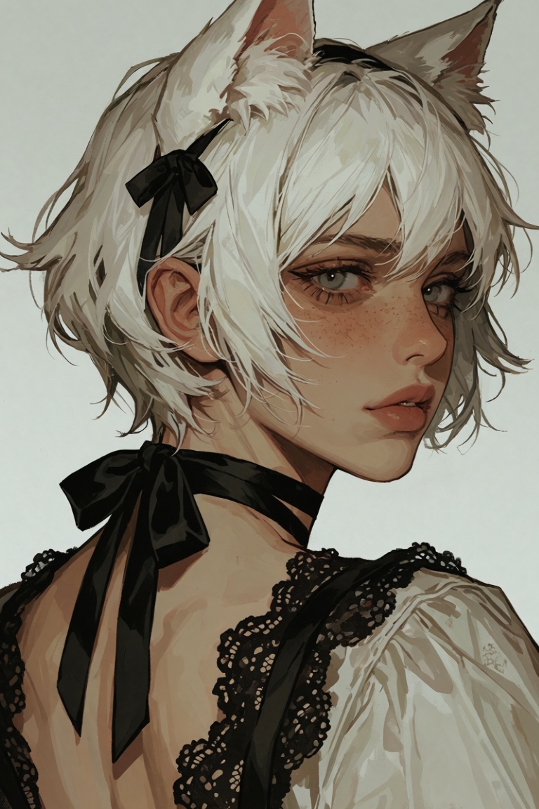 Create a solo image of a feminine male with short hair and white hair,  focusing on his upper body. He is looking at the v...