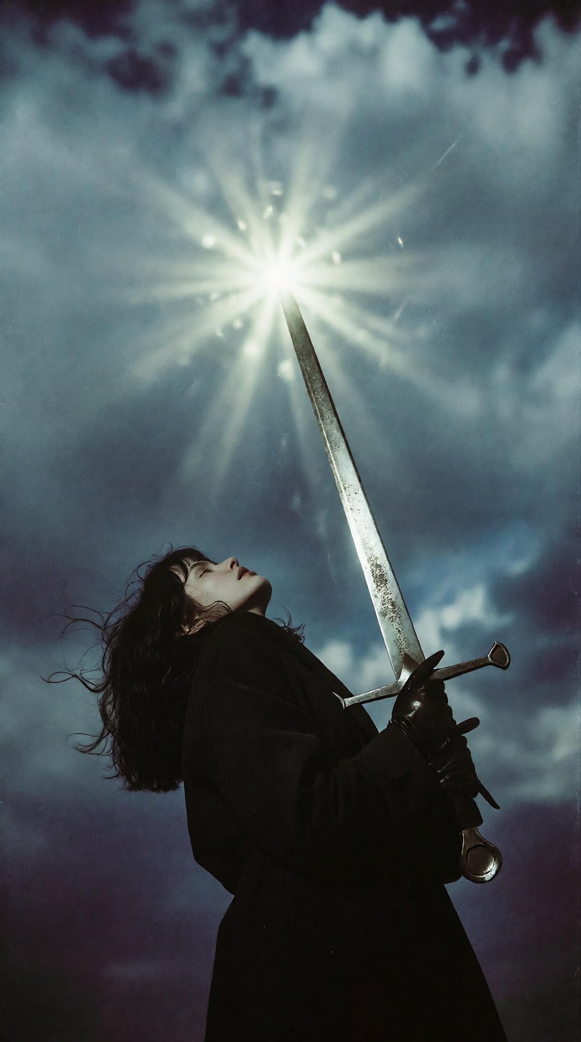 A figure with dark,  wind-swept hair and pale skin tilts their head back,  gazing upward as they hold a long on Tensor.Art
