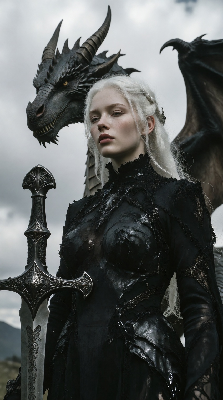 A pale-skinned woman with long,  straight white hair is captured from a low angle,  standing under an overcast grey sky. S...