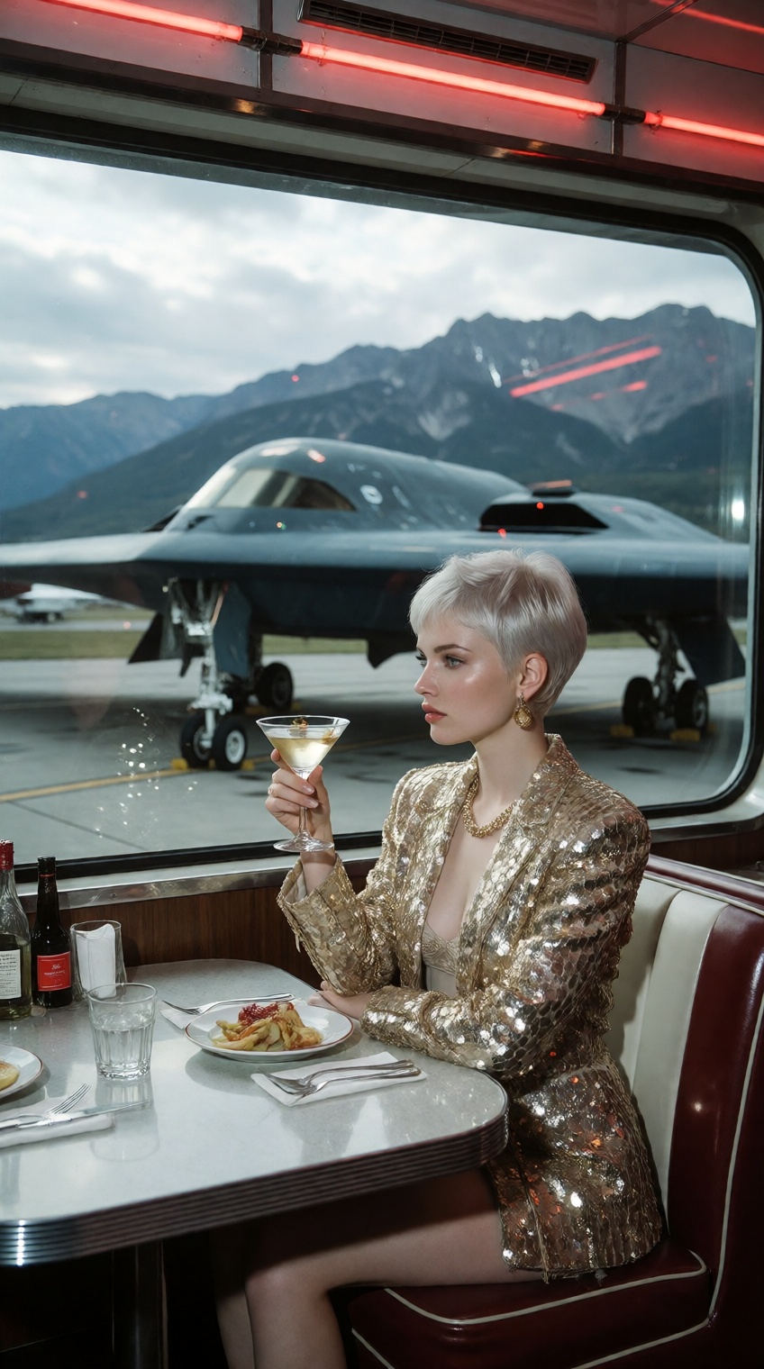 A retro-futuristic scene inside a diner or lounge with a view of an airfield. A woman with short platinum hair and a gold...