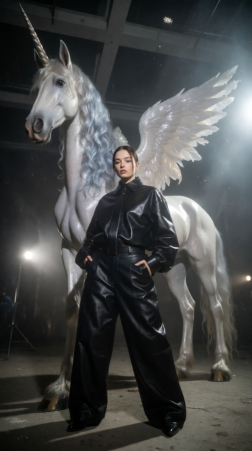 A woman in a glossy black leather jacket and wide-leg trousers stands confidently in the foreground,  her hands in pockets...