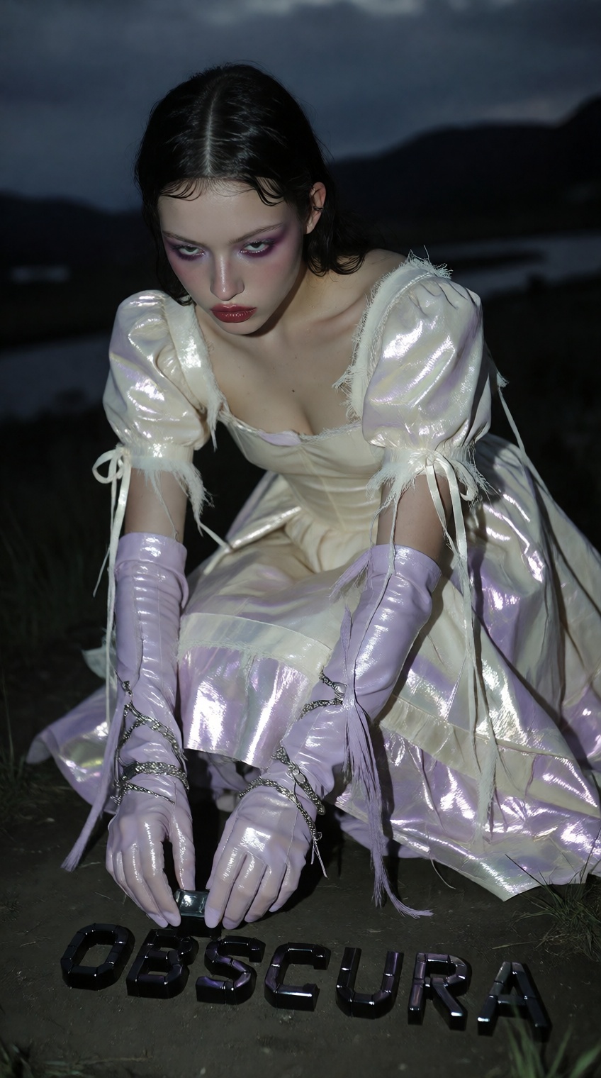 A woman crouches in a dim,  outdoor setting at dusk or night,  carefully arranging small on Tensor.Art