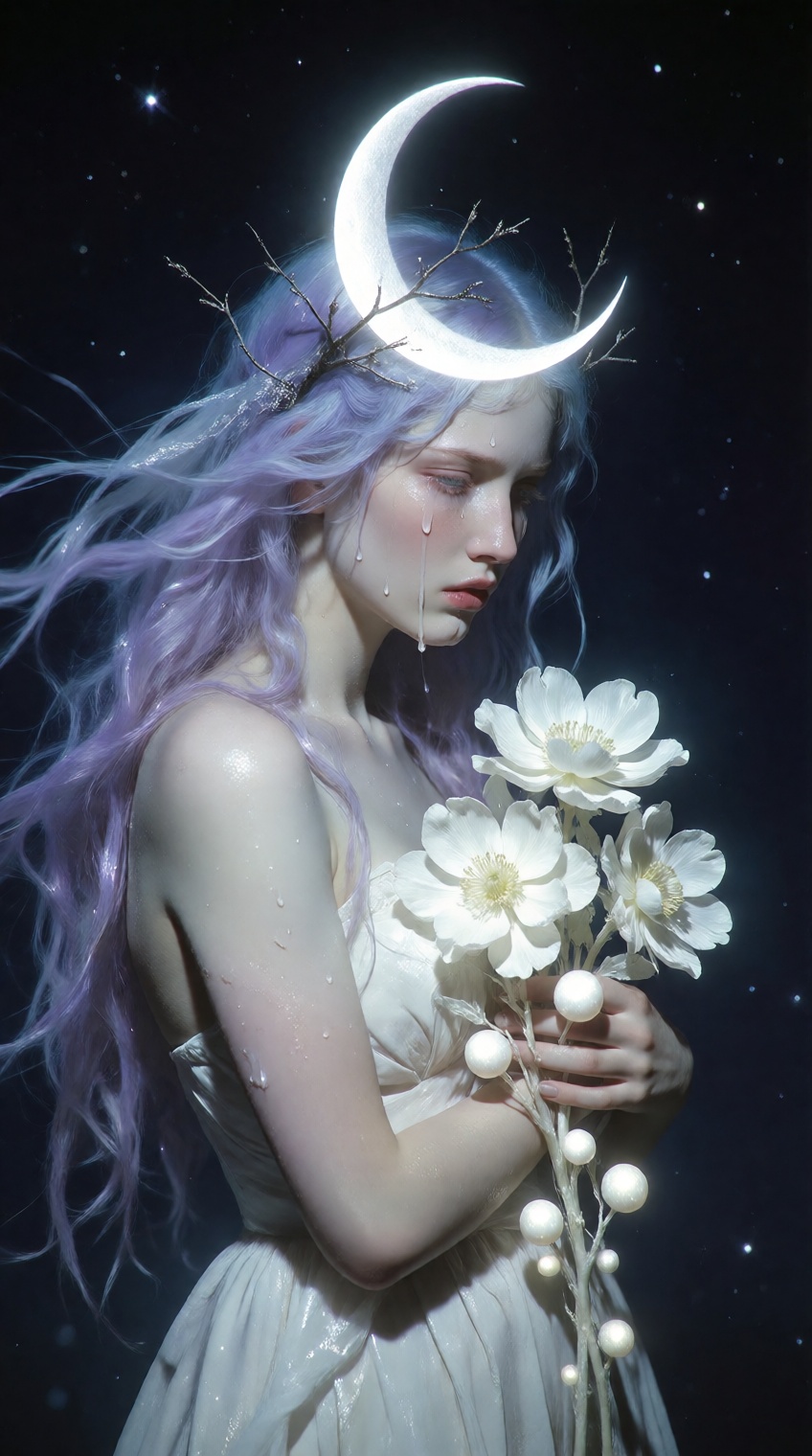 A sorrowful female figure with tears streaming down her pale cheek stands in profile. She has long,  flowing lavender-blue...