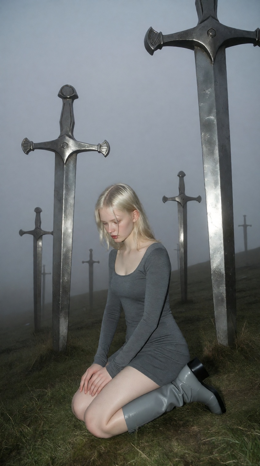 A young woman with pale blonde hair kneels on a grassy hillside,  her gaze lowered and expression somber. She wears a fitt...