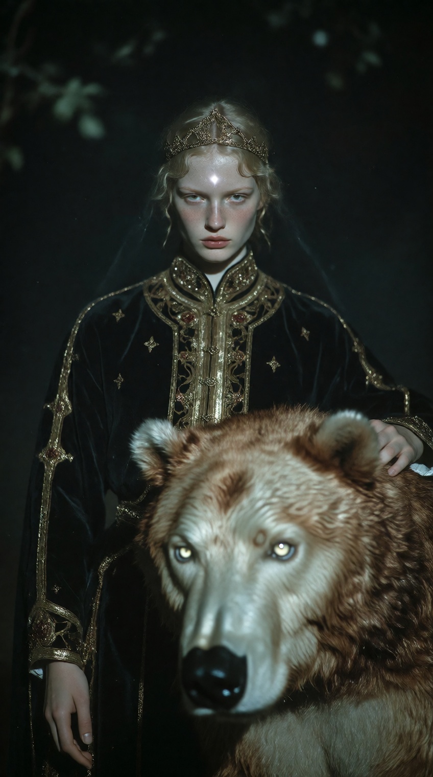 A pale-skinned woman with light blonde hair stands in deep shadow,  wearing an ornate black velvet robe richly embroidered...