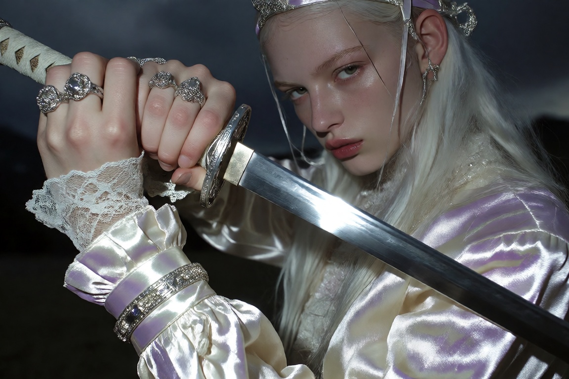A pale-skinned figure with long,  straight platinum hair gazes intensely forward,  holding a gleaming katana-style sword d...