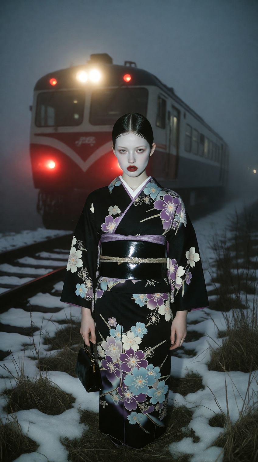 A pale-skinned woman with slicked-back dark hair and bold red lipstick stands on snowy,  grass-strewn ground under a misty...