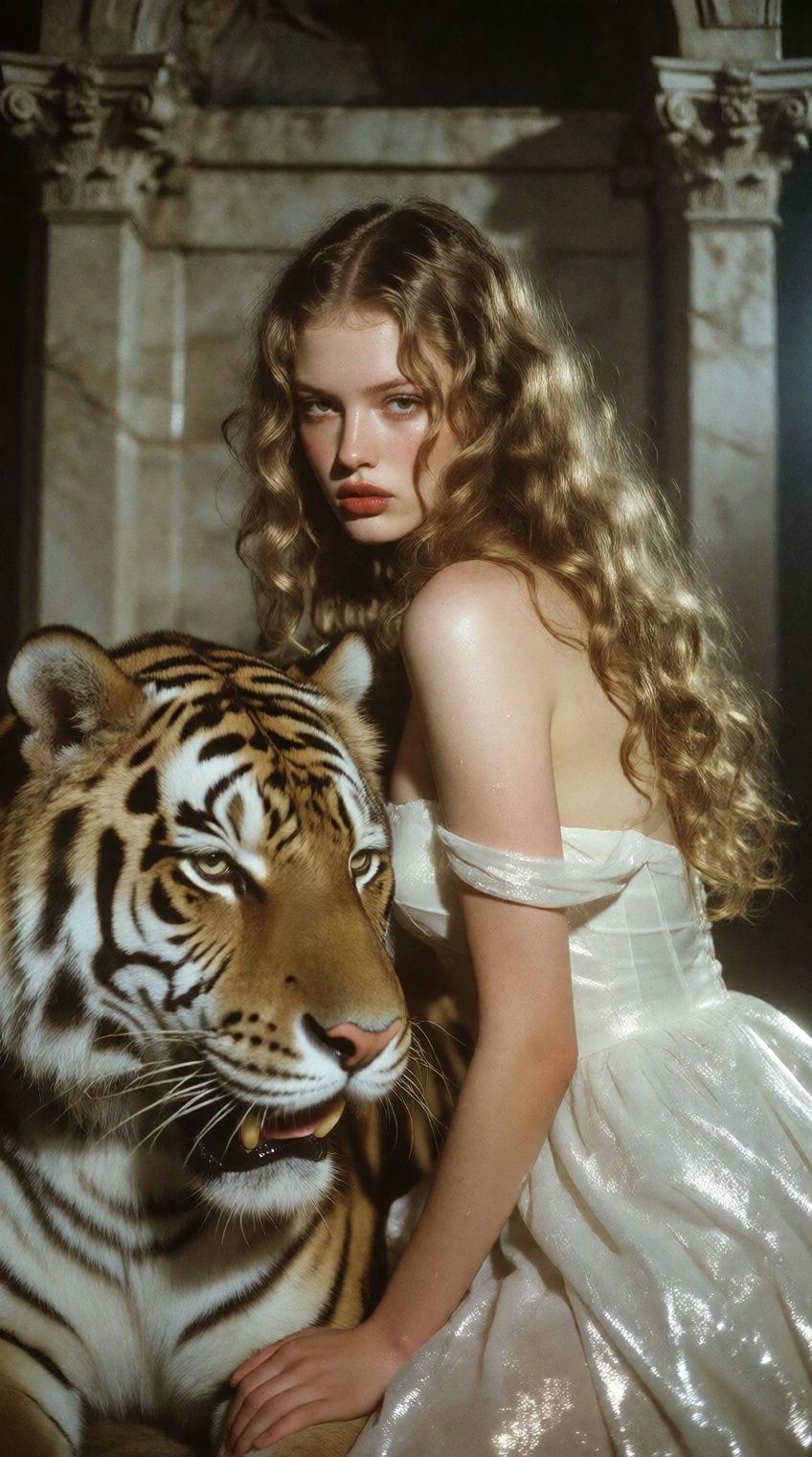 A young woman with long,  voluminous,  wavy blonde hair poses closely next to a large tiger within a classical stone hall....