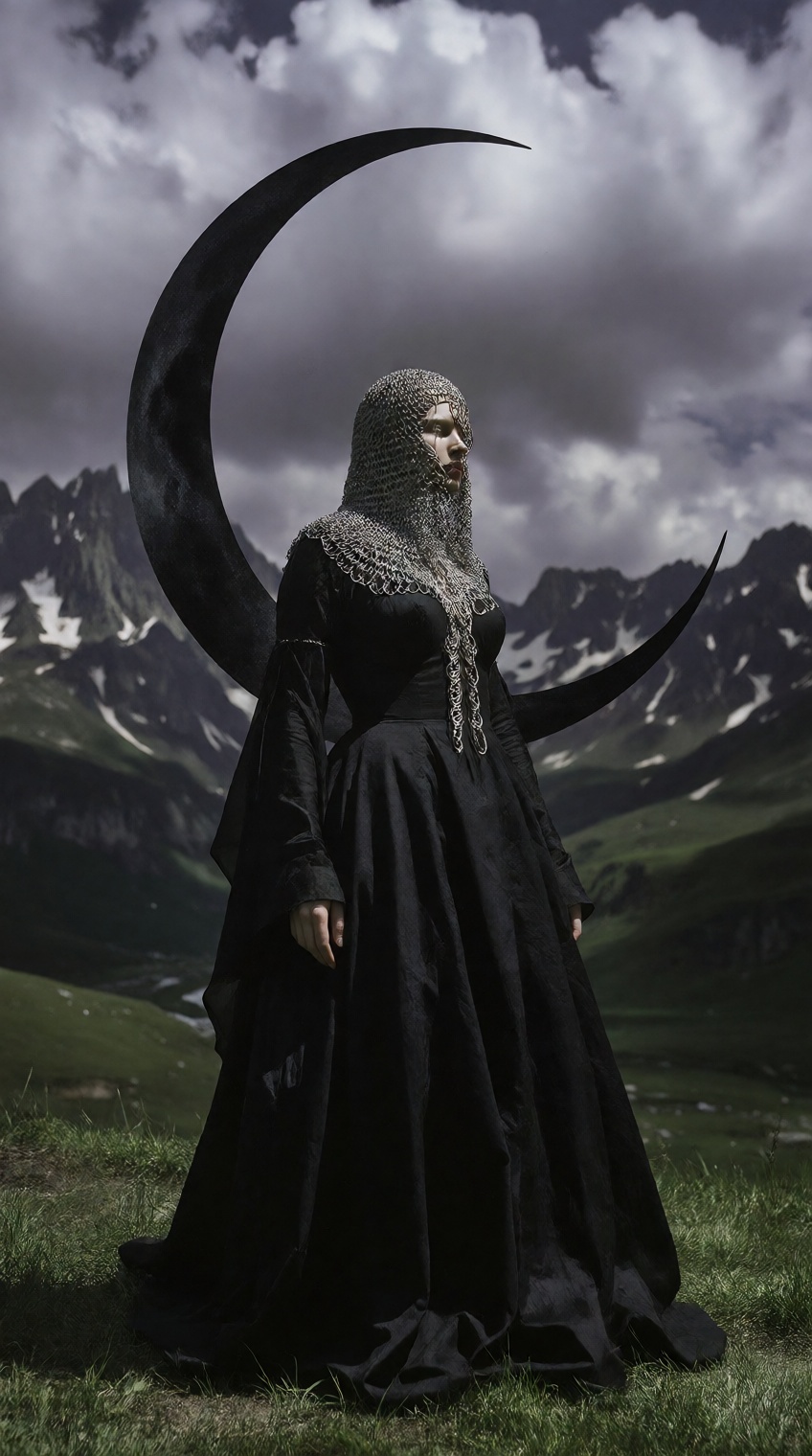 A figure stands on a grassy slope,  backlit by overcast skies,  wearing a voluminous black gown with intricate silver chai...