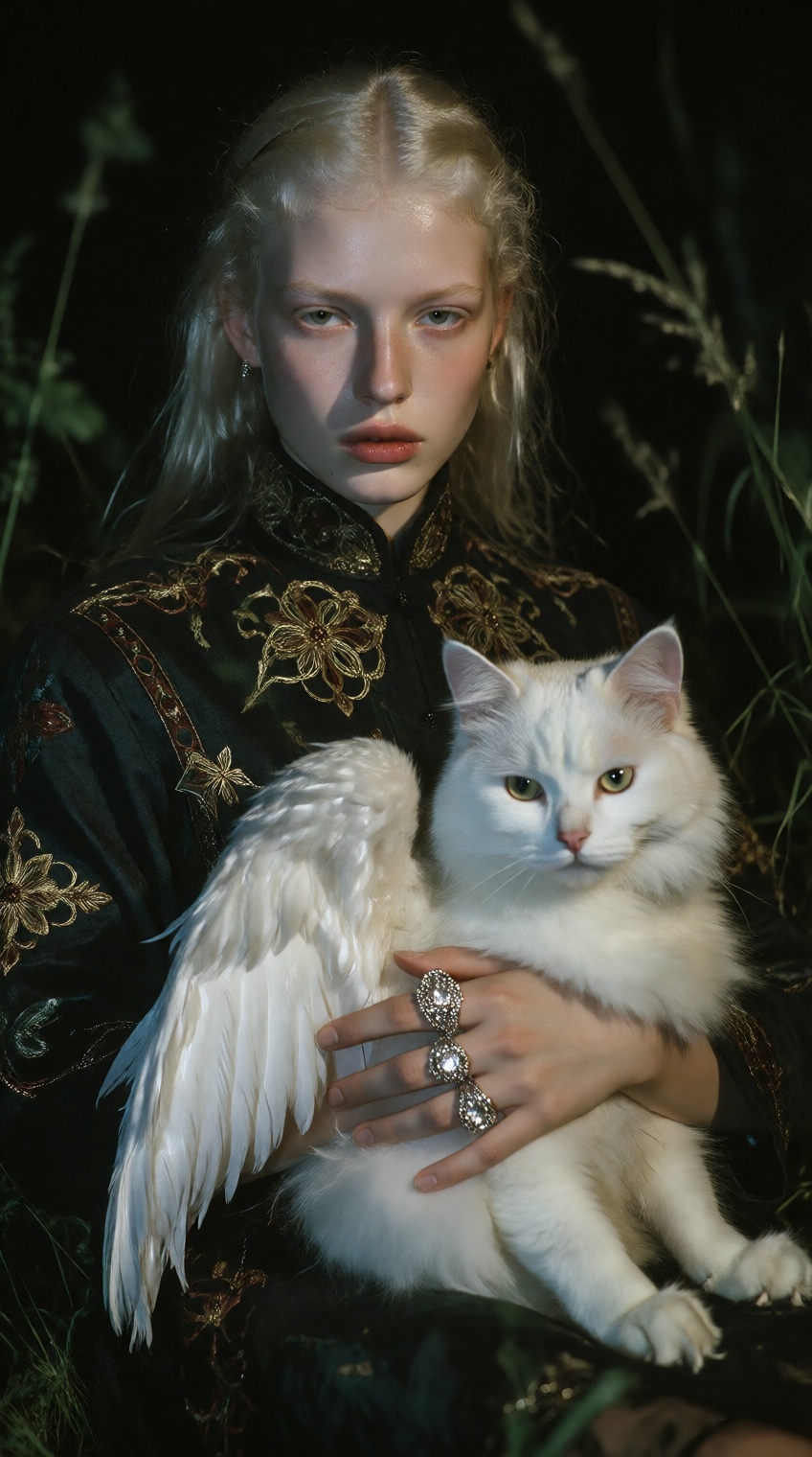 A pale-skinned young woman with long,  straight platinum-blonde hair gazes directly forward,  her expression solemn and co...