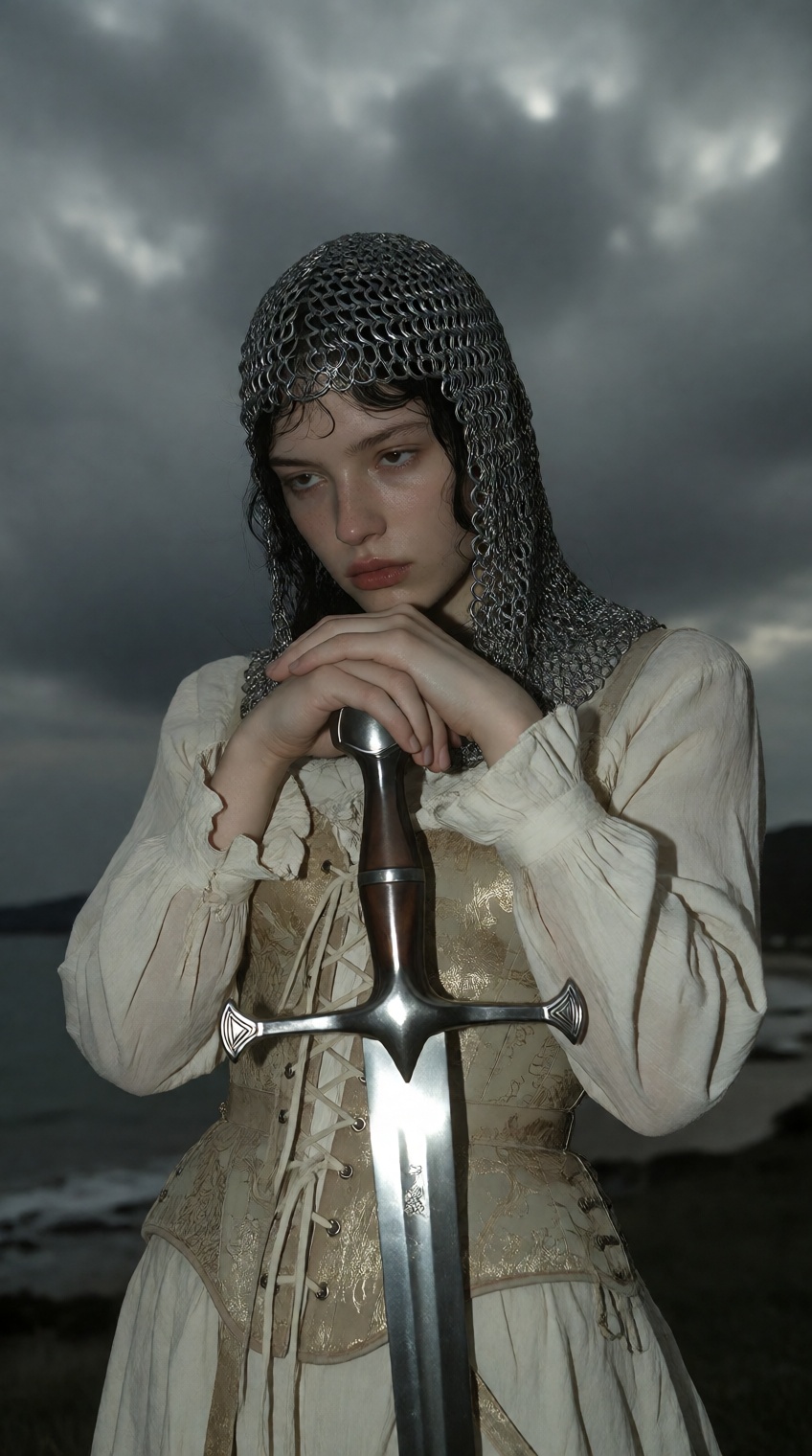 A person with dark hair and pale skin stands outdoors under a heavy,  overcast grey sky,  resting their folded arms on the...