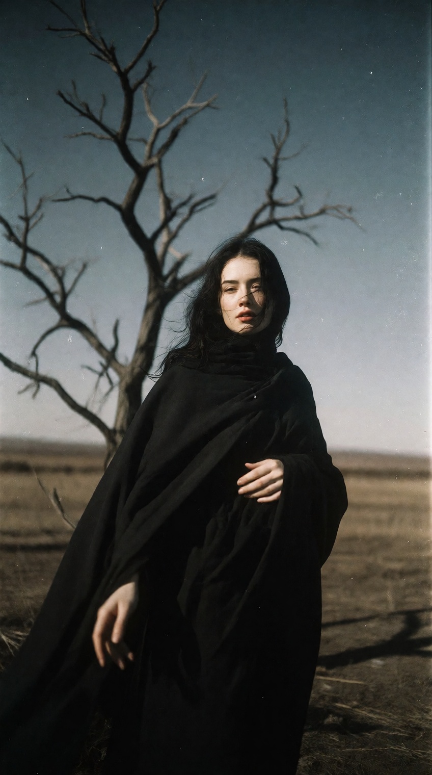 A woman with long dark hair stands in a desolate field,  draped in a voluminous black cloak that flows around her. Behind...