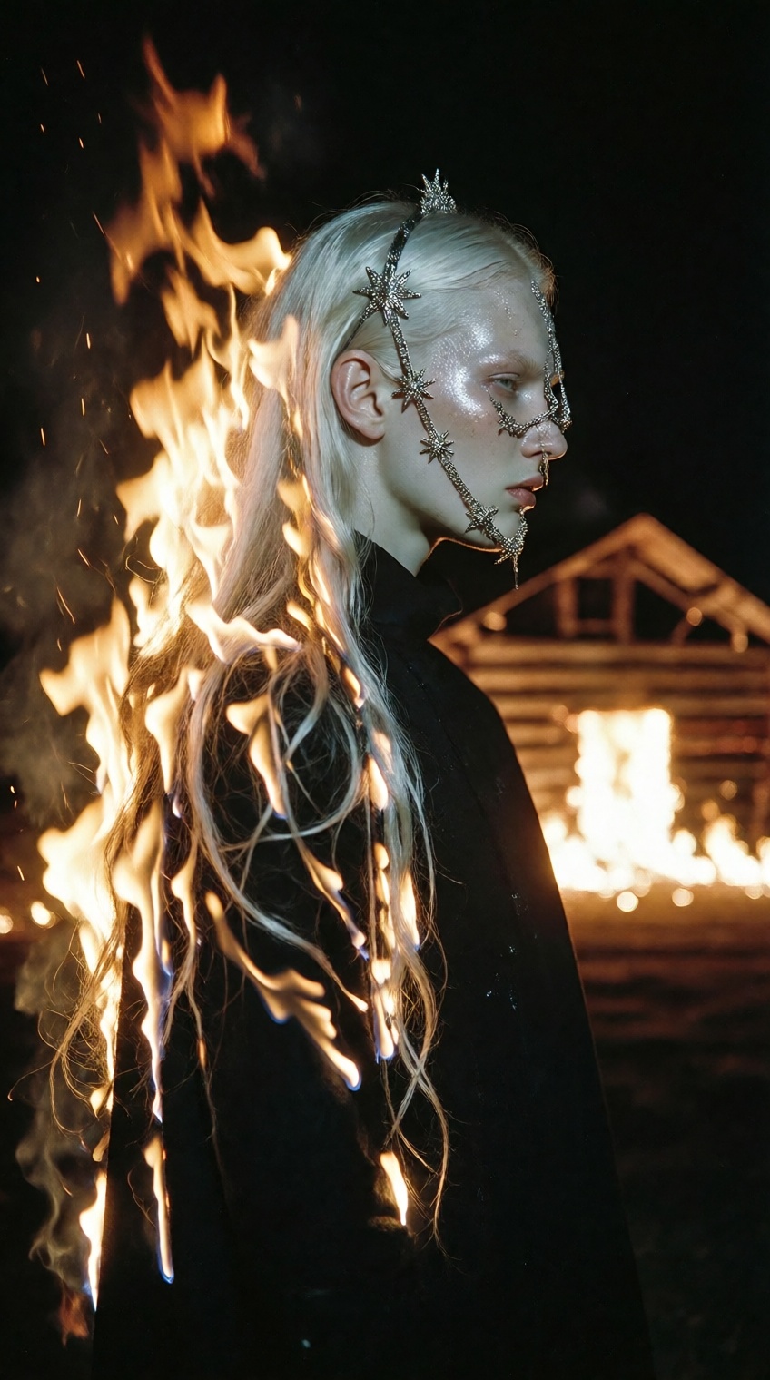 A pale-skinned person with long,  straight platinum hair stands in profile against a pitch-black night,  their hair dramat...